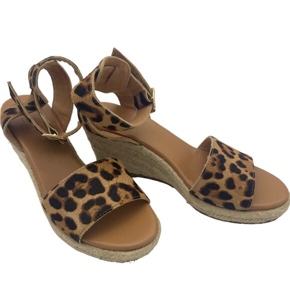 J. CREW Calf Hair Espadrille Wedge Sandal Womens SZ 7 Leather Leopard Cat Print - Picture 1 of 7